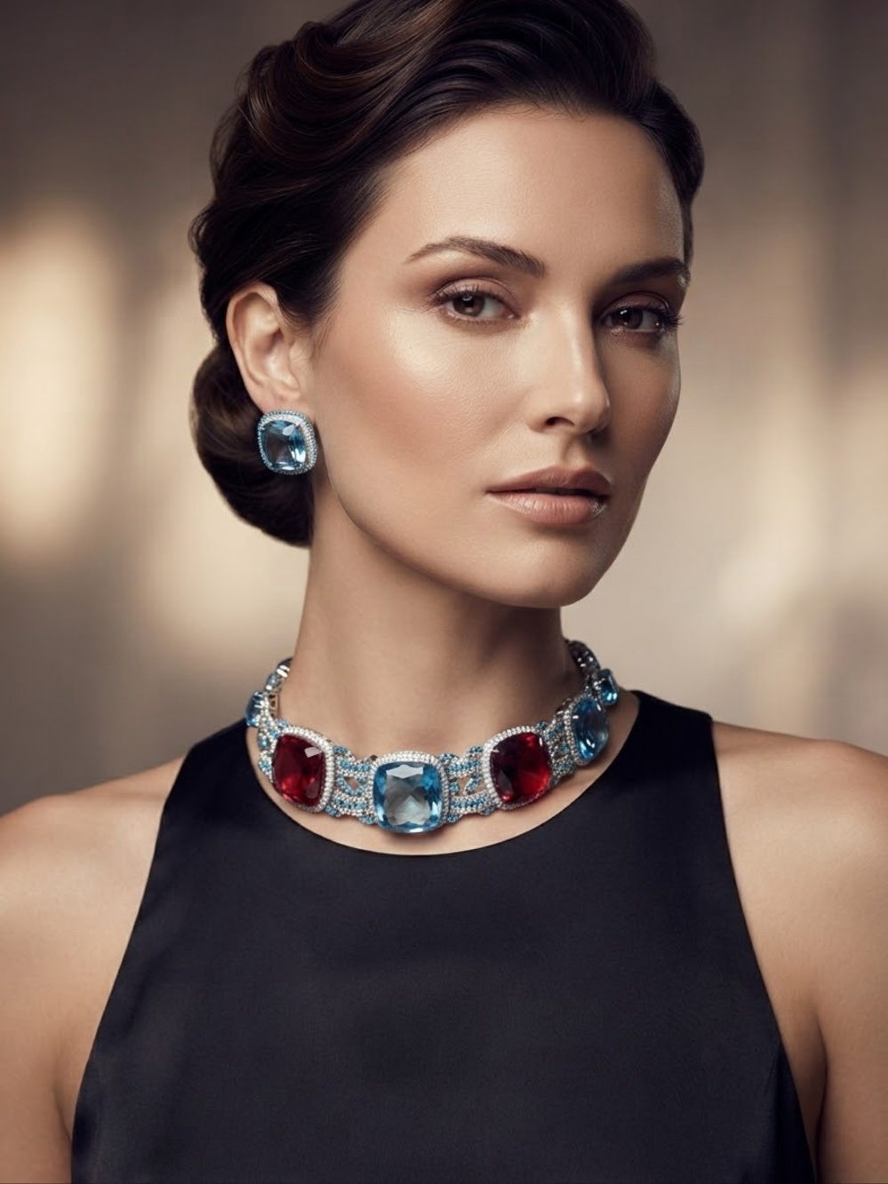Luxury Blue & Red Gemstone Statement Necklace and Earrings Set
